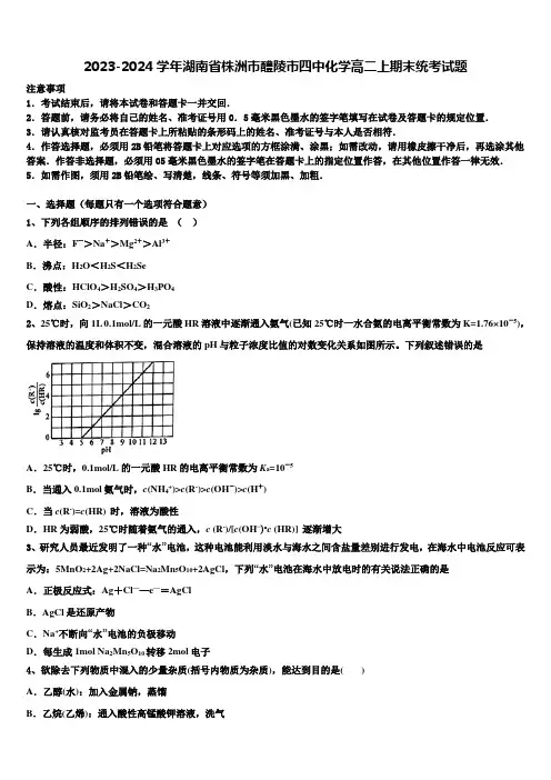 2023-2024学年湖南省株洲市醴陵市四中化学高二上期末统考试题含解析