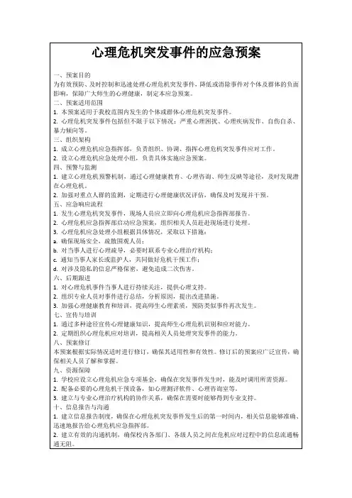 心理危机突发事件的应急预案