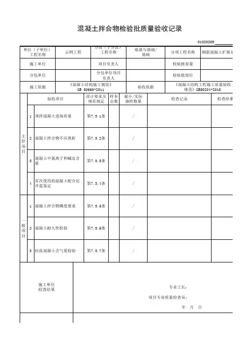 混凝土拌合物检验批质量验收记录