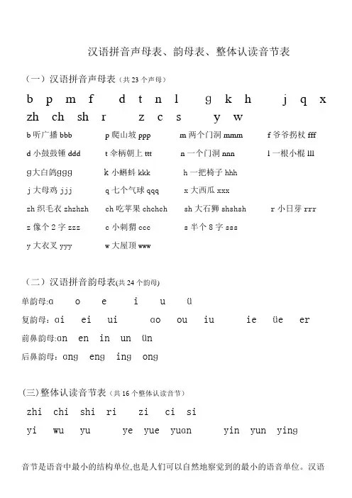 汉语拼音声母表、韵母表、整体认读音节表