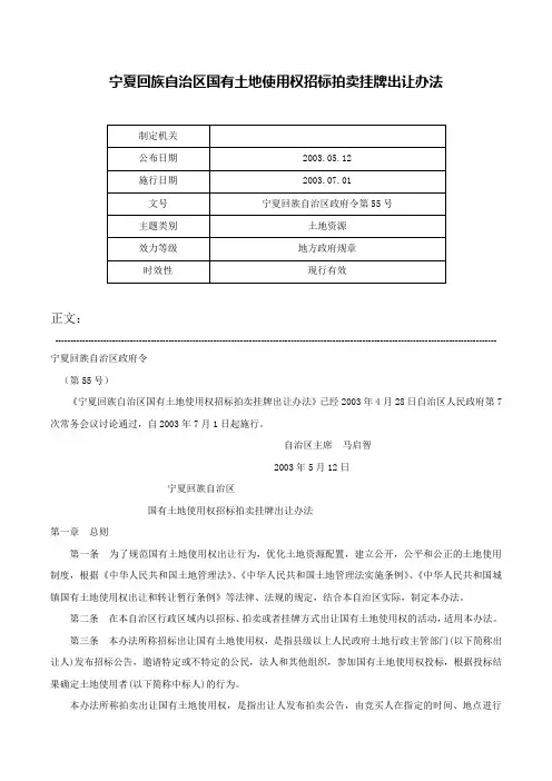 宁夏回族自治区国有土地使用权招标拍卖挂牌出让办法-宁夏回族自治区政府令第55号