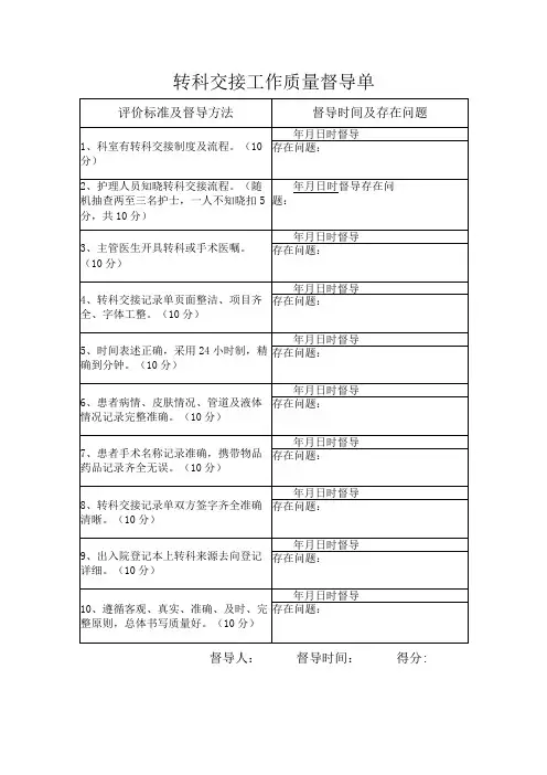 转科交接工作质量督导单