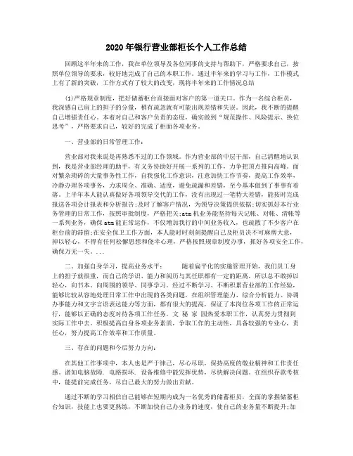 2020年银行营业部柜长个人工作总结