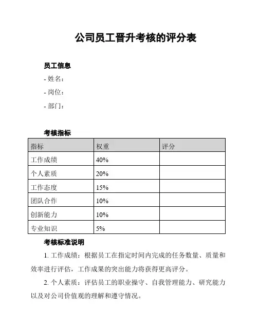 公司员工晋升考核的评分表