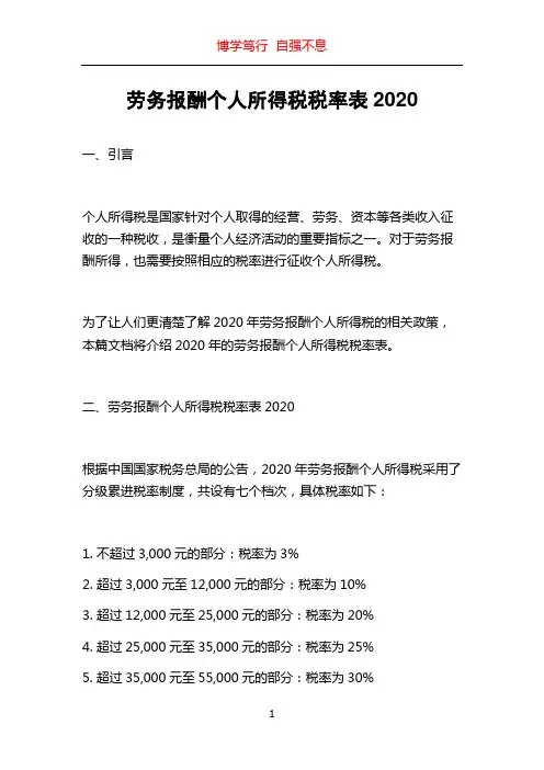 劳务报酬个人所得税税率表2020
