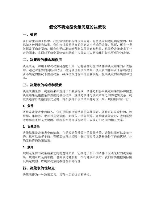 假设不确定型快策问题的决策表