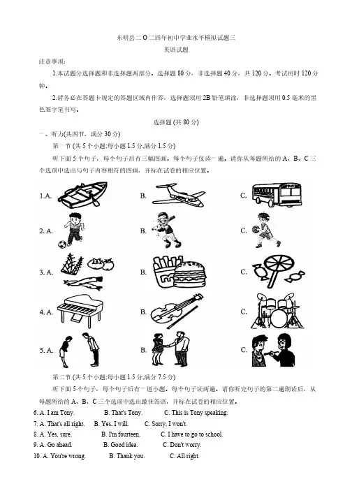 2024年山东省菏泽市东明县九年级中考模拟英语试题(无答案)