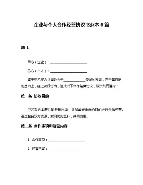 企业与个人合作经营协议书范本6篇
