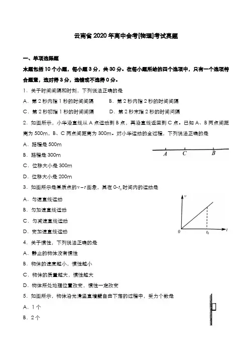 云南省2020年高中会考[物理]考试真题