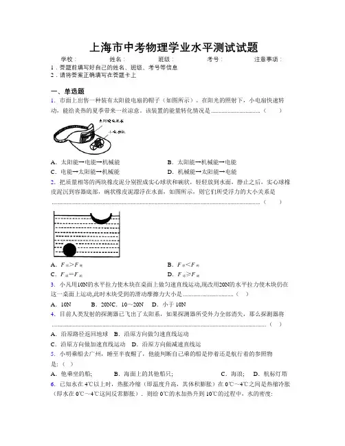 上海市中考物理学业水平测试试题附解析