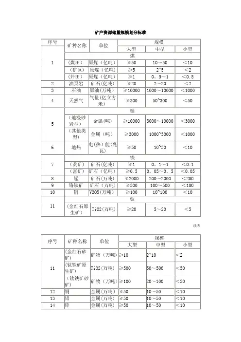 矿产资源储量规模划分标准