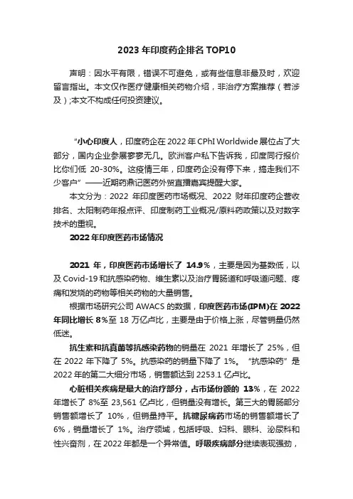 2023年印度药企排名TOP10