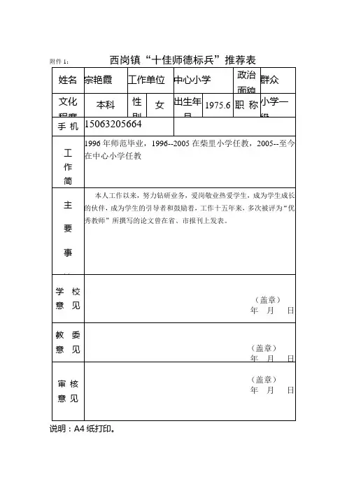 “十佳师德标兵”推荐表