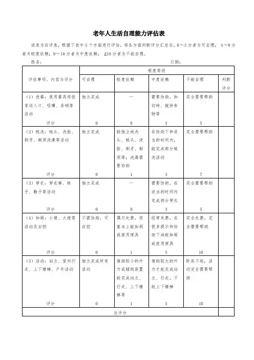 老年人生活自理能力评估表