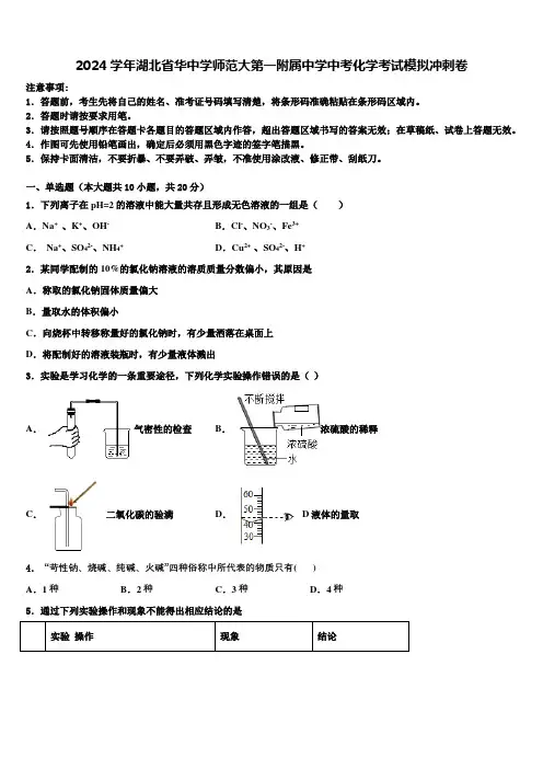 2024届湖北省华中学师范大第一附属中学中考化学考试模拟冲刺卷含解析