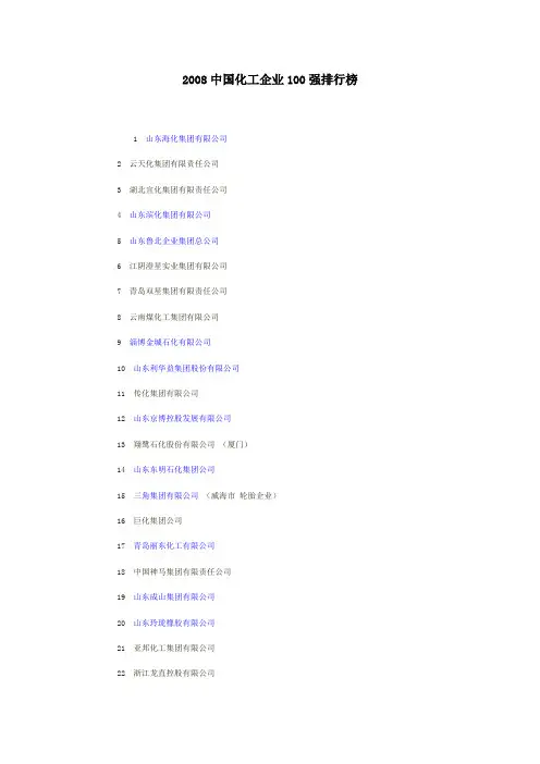 2008中国化工企业100强排行榜