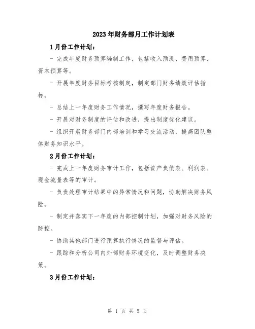2023年财务部月工作计划表