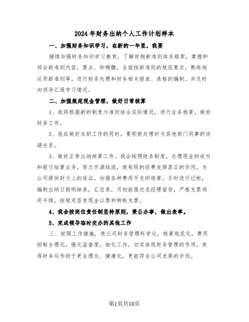 2024年财务出纳个人工作计划样本（五篇）