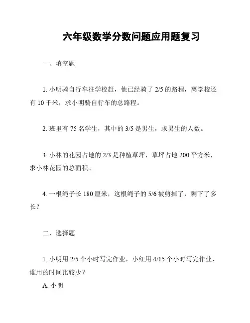 六年级数学分数问题应用题复习