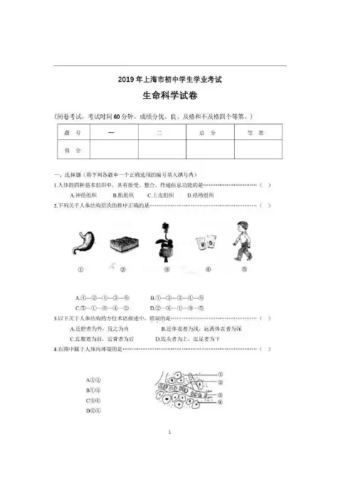 2019年上海市初中学生学业考试生命科学试卷(PDF 有答案)