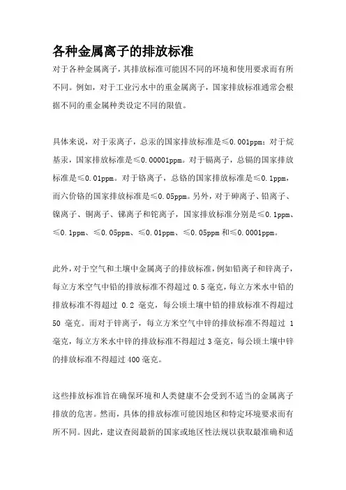 各种金属离子的排放标准