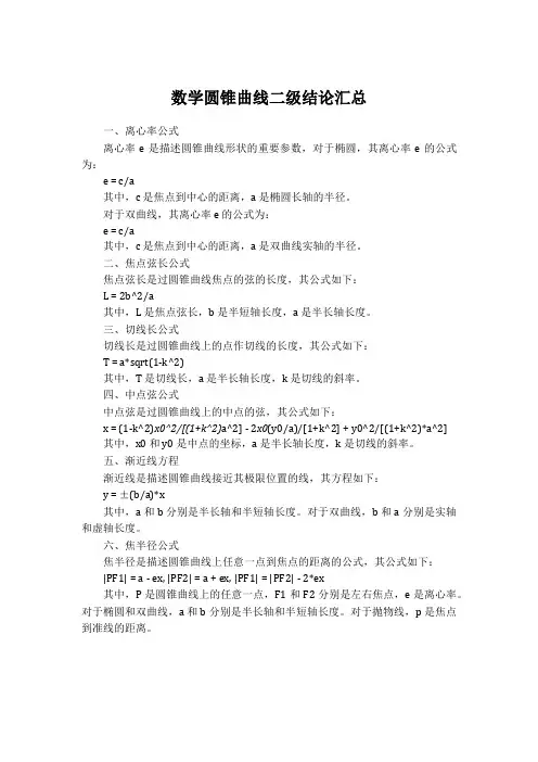 数学圆锥曲线二级结论汇总