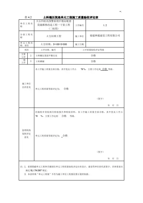 汇编版水利水电项目工程项目工程质量评定表(渠道土方回填)填表样例