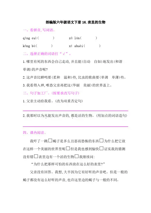部编版六年级语文下册《16表里的生物 》课后同步作业 附答案