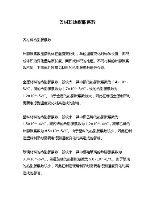 各材料热膨胀系数