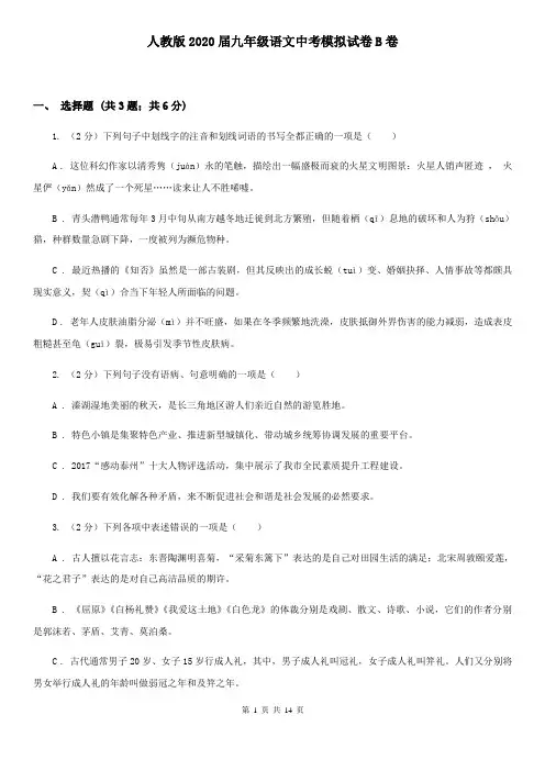 人教版2020届九年级语文中考模拟试卷B卷