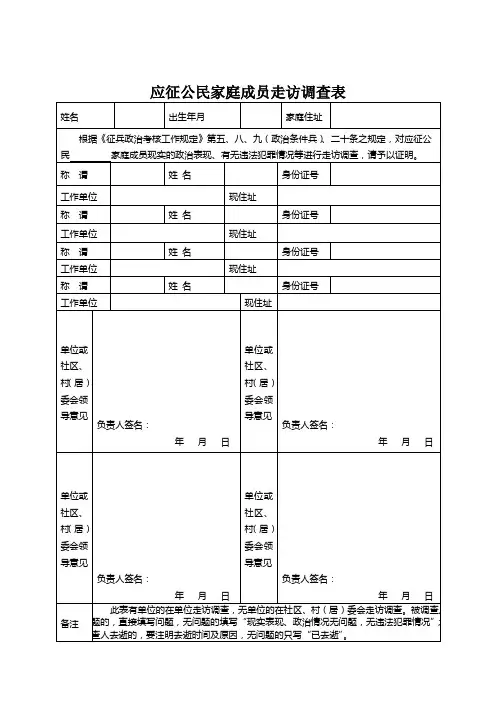 应征公民家庭成员走访调查表