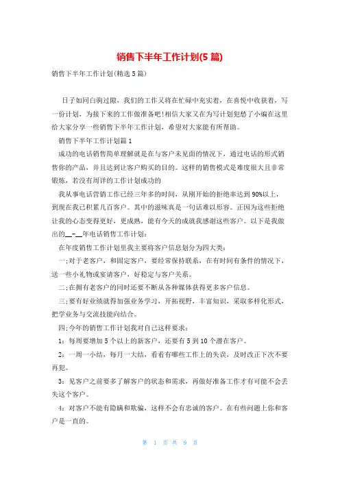 销售下半年工作计划(5篇)