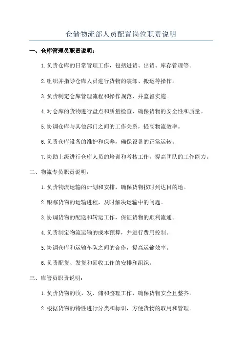 仓储物流部人员配置岗位职责说明