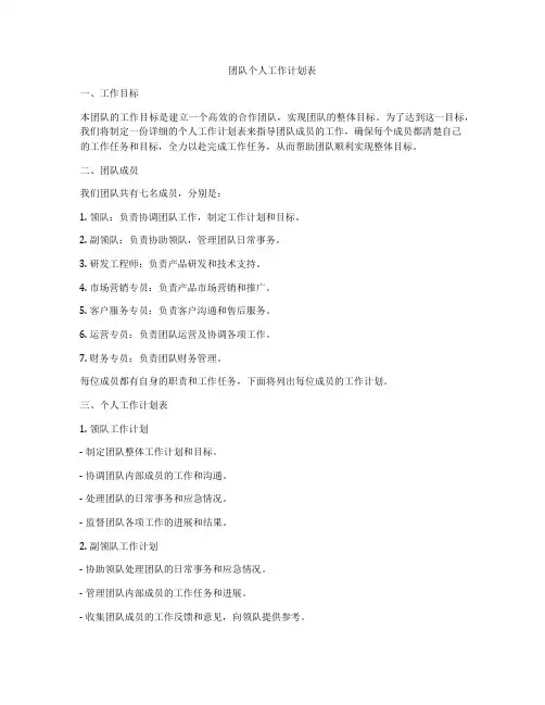 团队个人工作计划表