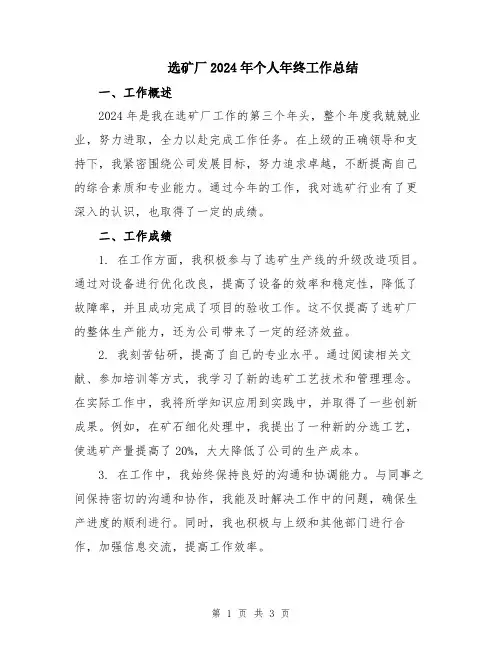 选矿厂2024年个人年终工作总结