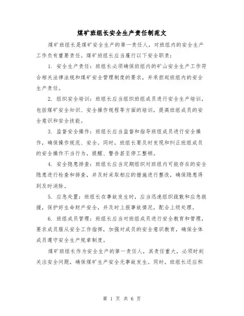 煤矿班组长安全生产责任制范文（5篇）