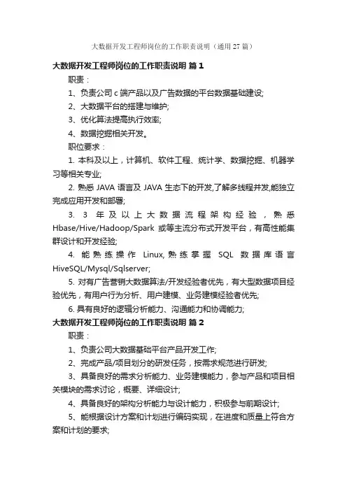 大数据开发工程师岗位的工作职责说明（通用27篇）