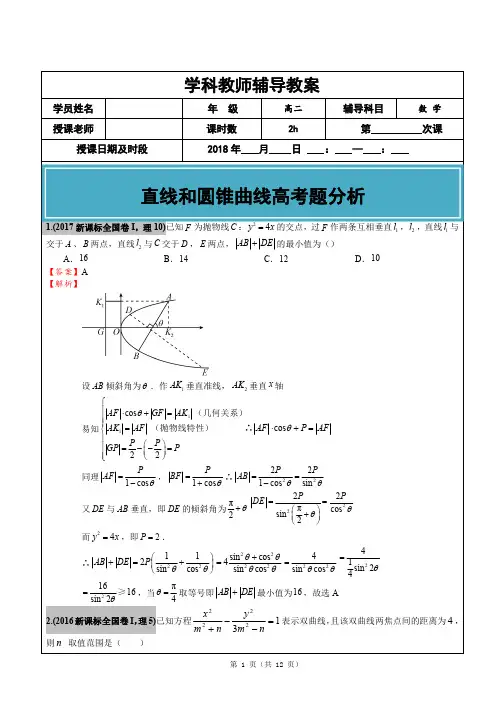 2012-2018年高考真题汇编：圆锥曲线理科(带答案)