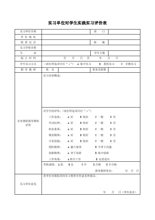 实习单位对学生顶岗实习评价表（模版）