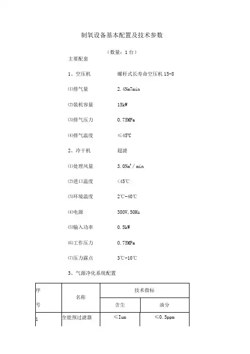 制氧设备基本配置及技术参数