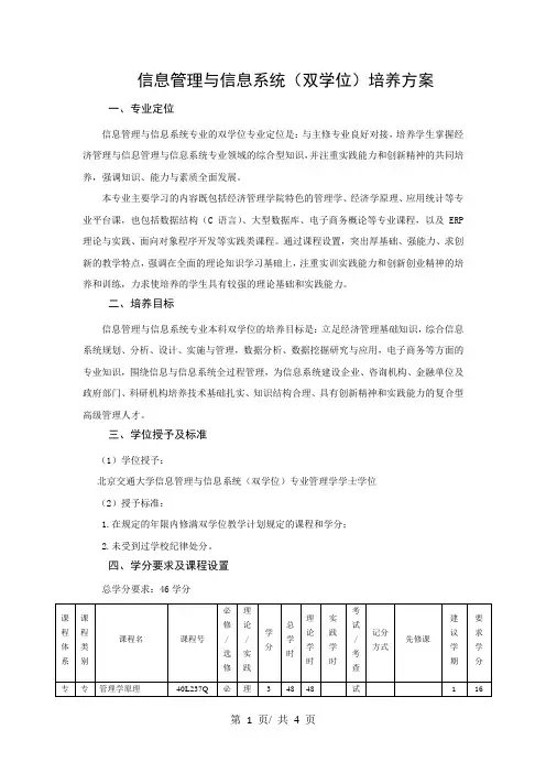 信息管理与信息系统(双学位)培养方案