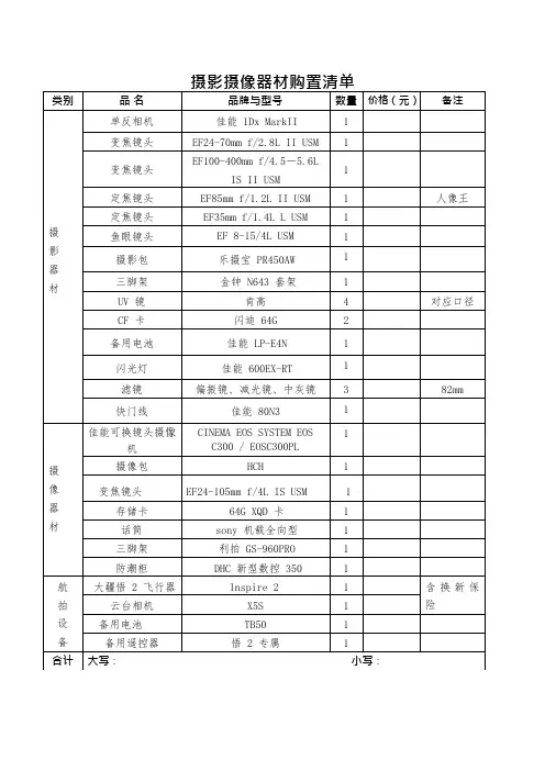 摄影摄像器材购置清单(可编辑修改word版)