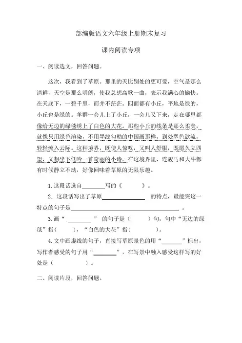 部编版语文六年级上册期末复习课内阅读专项练习题附参考答案