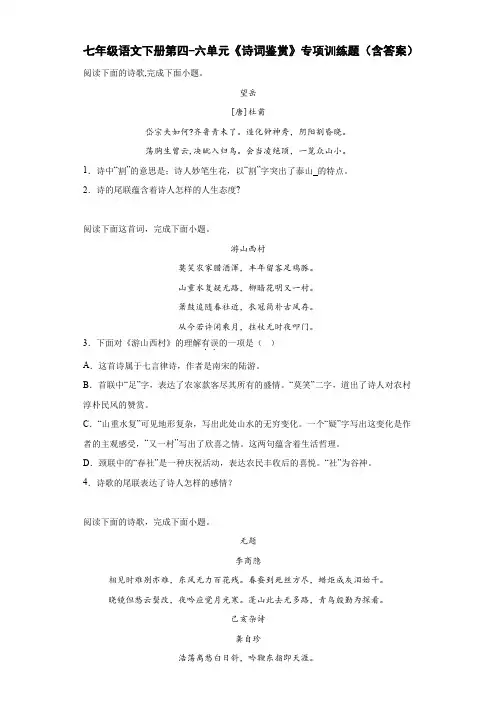 七年级语文下册第四-六单元《诗词鉴赏》专项训练题(含答案)