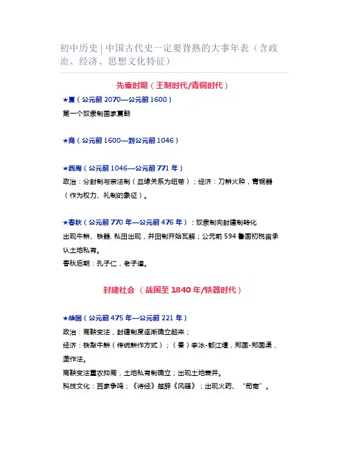 初中历史 ｜ 中国古代史一定要背熟的大事年表(含政治、经济、思想文化特征)