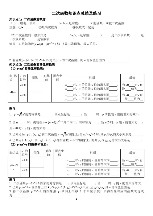 二次函数知识点总结及练习