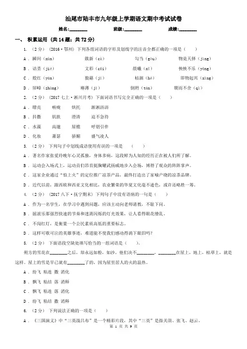 汕尾市陆丰市九年级上学期语文期中考试试卷