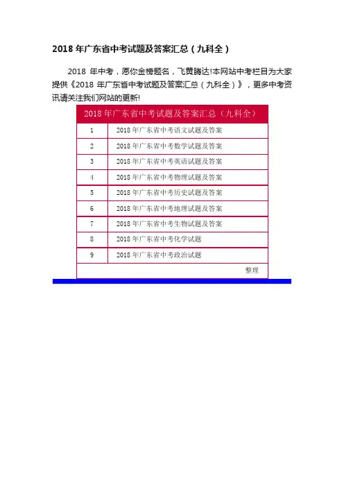 2018年广东省中考试题及答案汇总（九科全）