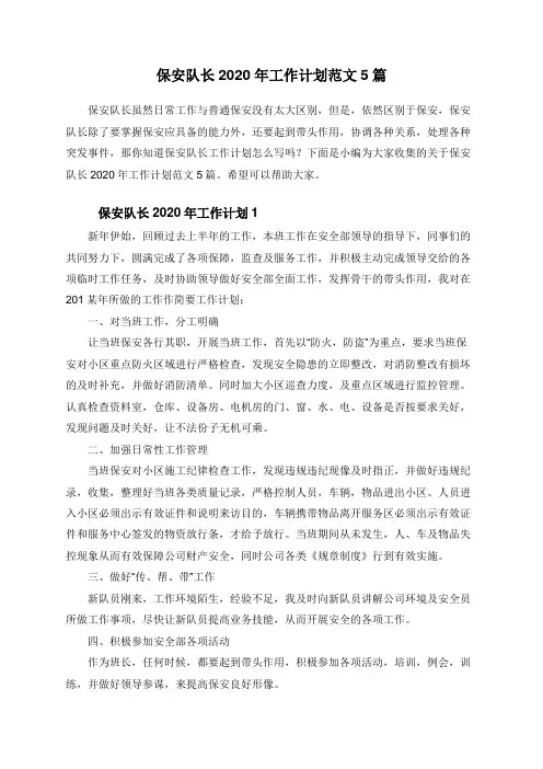 保安队长2020年工作计划范文5篇