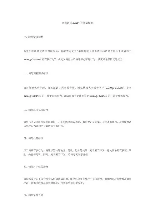 酒驾新规2024年新版标准